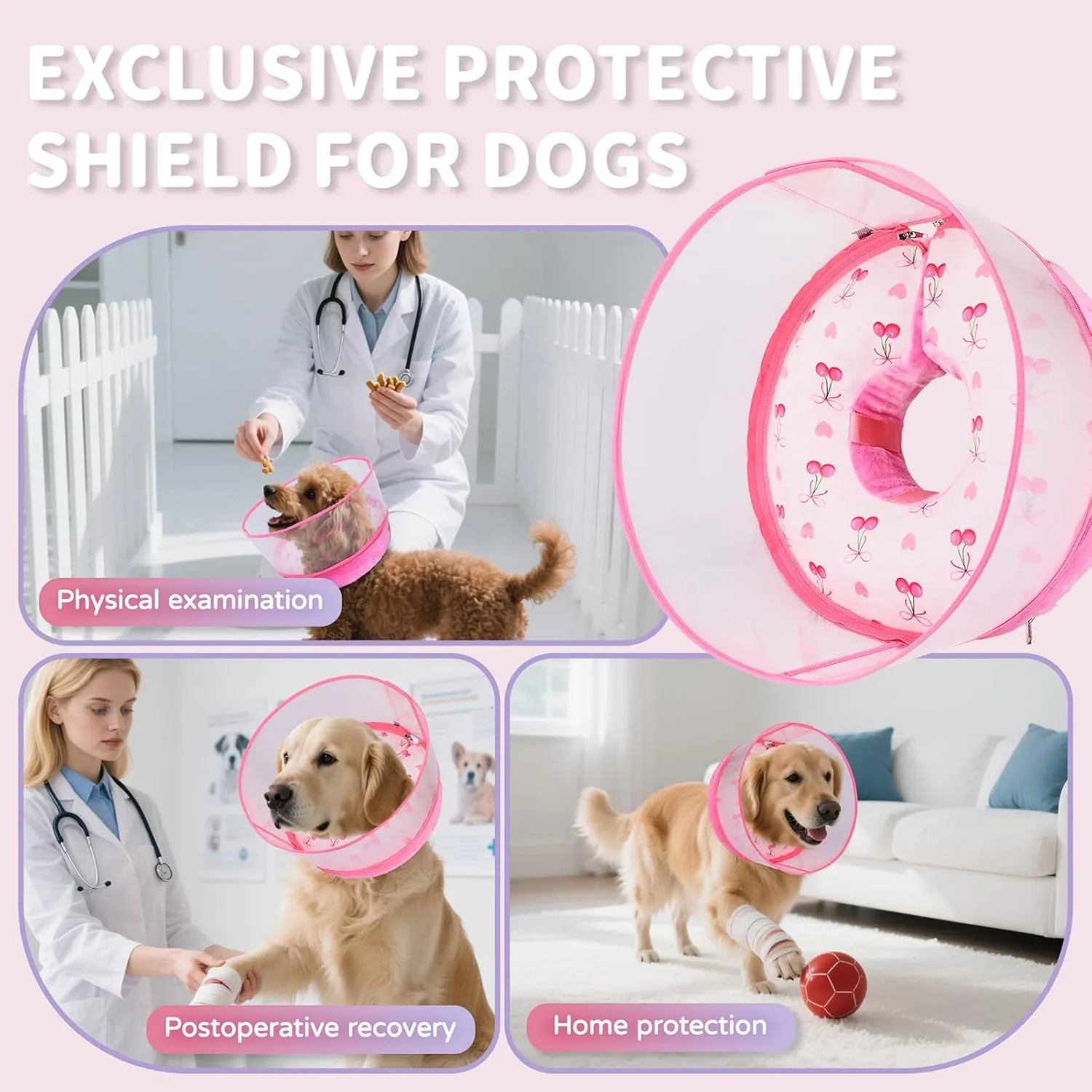 Inflatable Recovery Dog Cone Collar for Large Medium Dogs After Surgery, Soft Dog Donut Collar Adjustable Recovery Bone for Pets, Prevent from Biting & Scratching (Pink, M )
