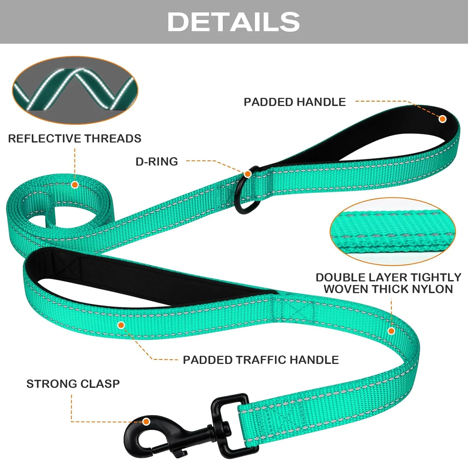Joytale Dog Leash Heavy Duty for Large Dogs That Pull, Double Handle for Traffic Control, Double-Sided Reflective Leashes for Large Medium Dogs Night Safety, 6FT, Teal