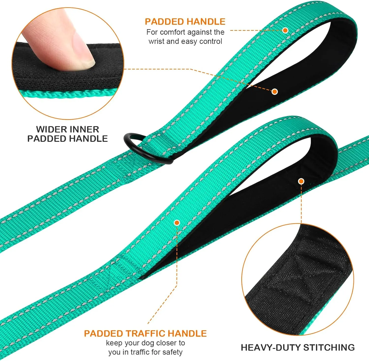 Joytale Dog Leash Heavy Duty for Large Dogs That Pull, Double Handle for Traffic Control, Double-Sided Reflective Leashes for Large Medium Dogs Night Safety, 6FT, Teal