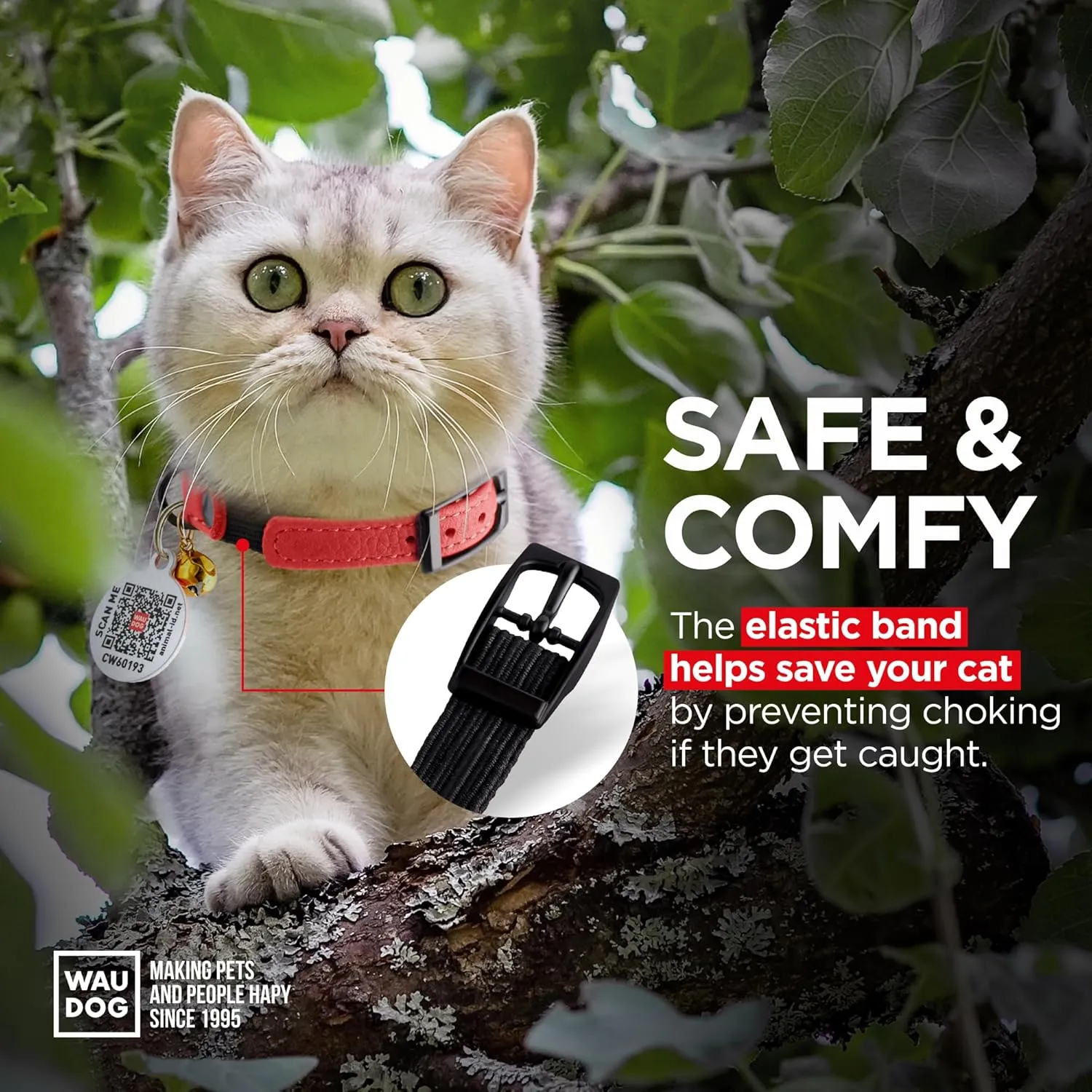 Leather Cat Collar with Bell and Safety Elastic Strap Breakaway Alternative for Small & Large Kittens, Stylish Pet Leather Collar for Boy, Girl Cats with Metal Buckle & QR ID Tag (Red)