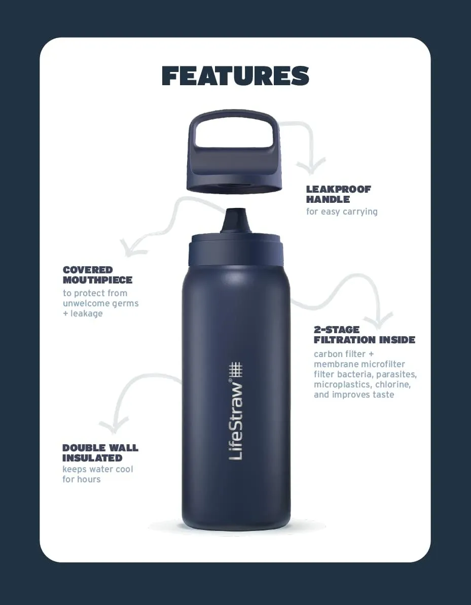 LifeStraw Go Series  Insulated Stainless Steel Water Filter Bottle for Travel and Everyday Use Removes Bacteria, Parasites and Microplastics, Improves Taste, 24oz Aegean Sea