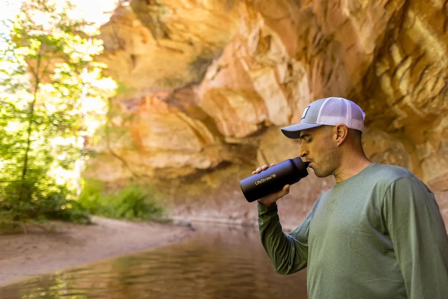 LifeStraw Go Series  Insulated Stainless Steel Water Filter Bottle for Travel and Everyday Use Removes Bacteria, Parasites and Microplastics, Improves Taste, 24oz Aegean Sea