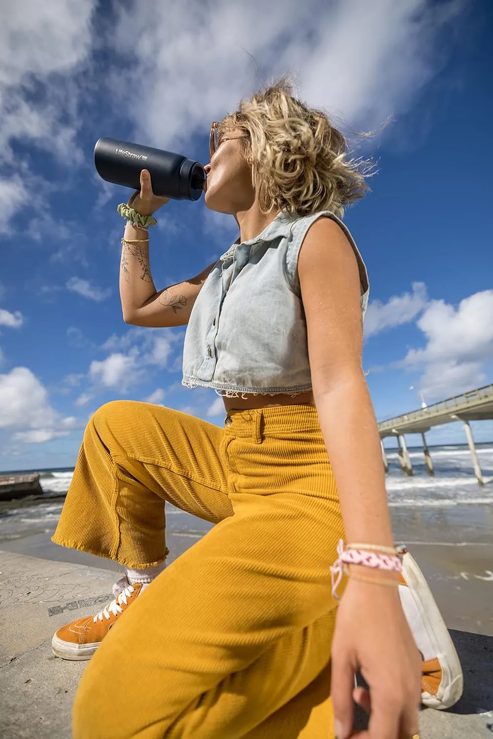LifeStraw Go Series  Insulated Stainless Steel Water Filter Bottle for Travel and Everyday Use Removes Bacteria, Parasites and Microplastics, Improves Taste, 24oz Aegean Sea