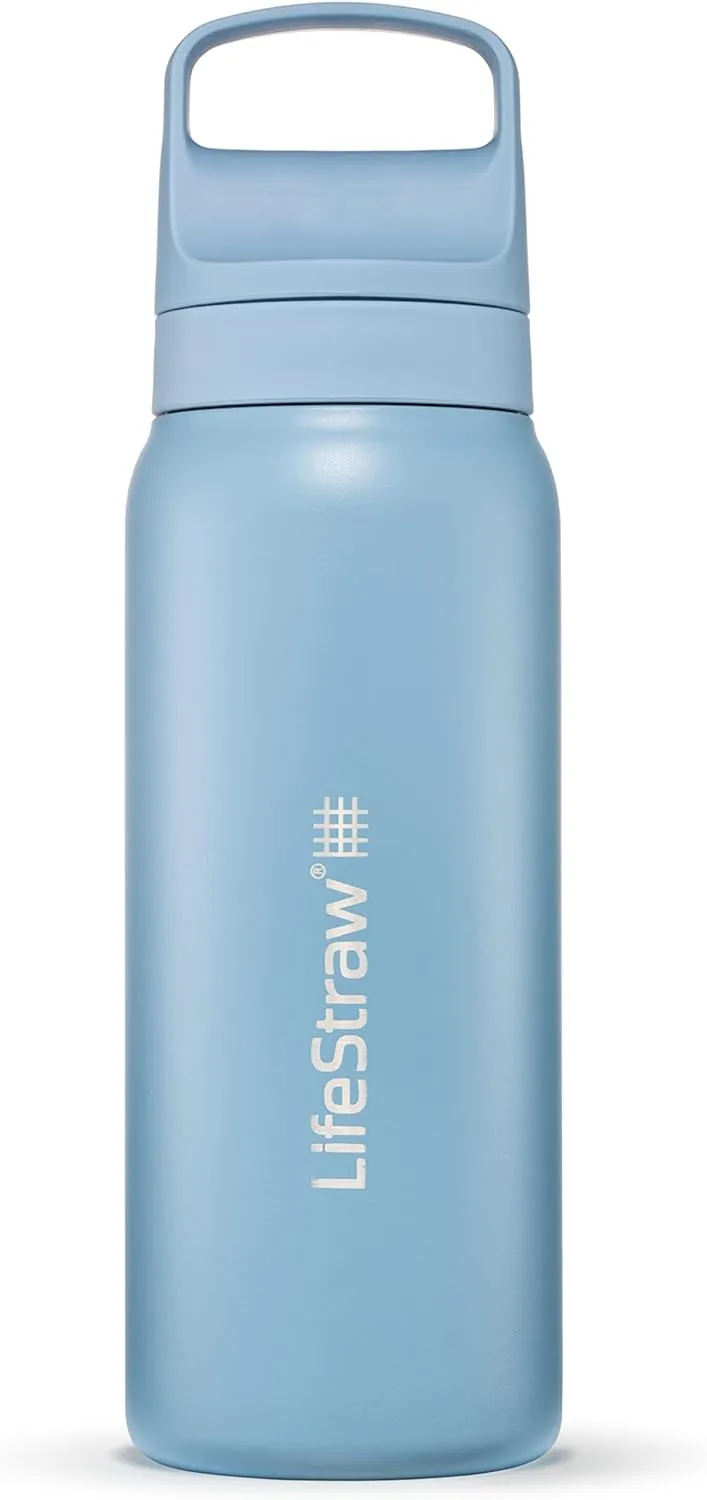 LifeStraw Go Series  Insulated Stainless Steel Water Filter Bottle for Travel and Everyday Use Removes Bacteria, Parasites and Microplastics, Improves Taste, 24oz Icelandic Blue