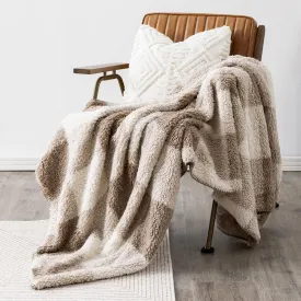 LURKA Checkered Sherpa & Polar Fleece Throw Blanket - 2-Sided Luxury Hypoallergenic Blankets for Couch, Bed, Pets (Khaki, Twin(60"x80"))