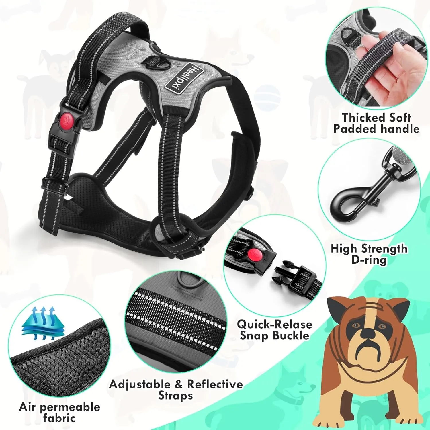 No Pull Dog Harness with A Free Heavy Duty 5FT Dog Leash, Adjustable Soft Padded Dog Vest with Easy-Control Handle, Reflective No-Choke Pet Oxford Vest for Medium Dogs (Grey,M)