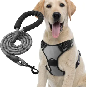 No Pull Dog Harness with A Free Heavy Duty 5FT Dog Leash, Adjustable Soft Padded Dog Vest with Easy-Control Handle, Reflective No-Choke Pet Oxford Vest for Medium Dogs (Grey,M)