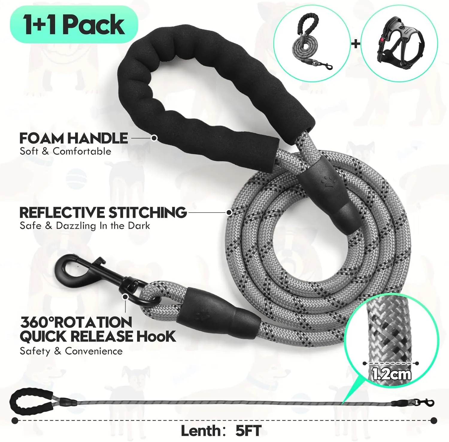 No Pull Dog Harness with A Free Heavy Duty 5FT Dog Leash, Adjustable Soft Padded Dog Vest with Easy-Control Handle, Reflective No-Choke Pet Oxford Vest for Medium Dogs (Grey,M)