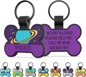 Personalized Silent Silicone Dog Tags - Personalized Cute Bone Shape Deep Engraved Pet ID Tags (Purple Space)