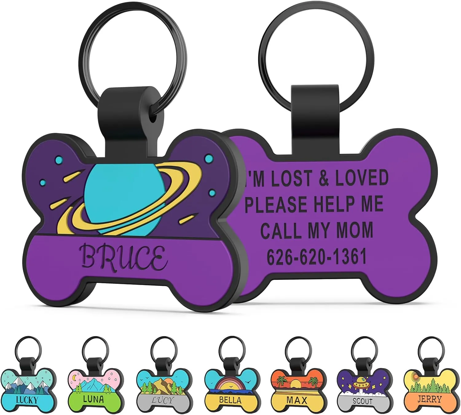 Personalized Silent Silicone Dog Tags - Personalized Cute Bone Shape Deep Engraved Pet ID Tags (Purple Space)