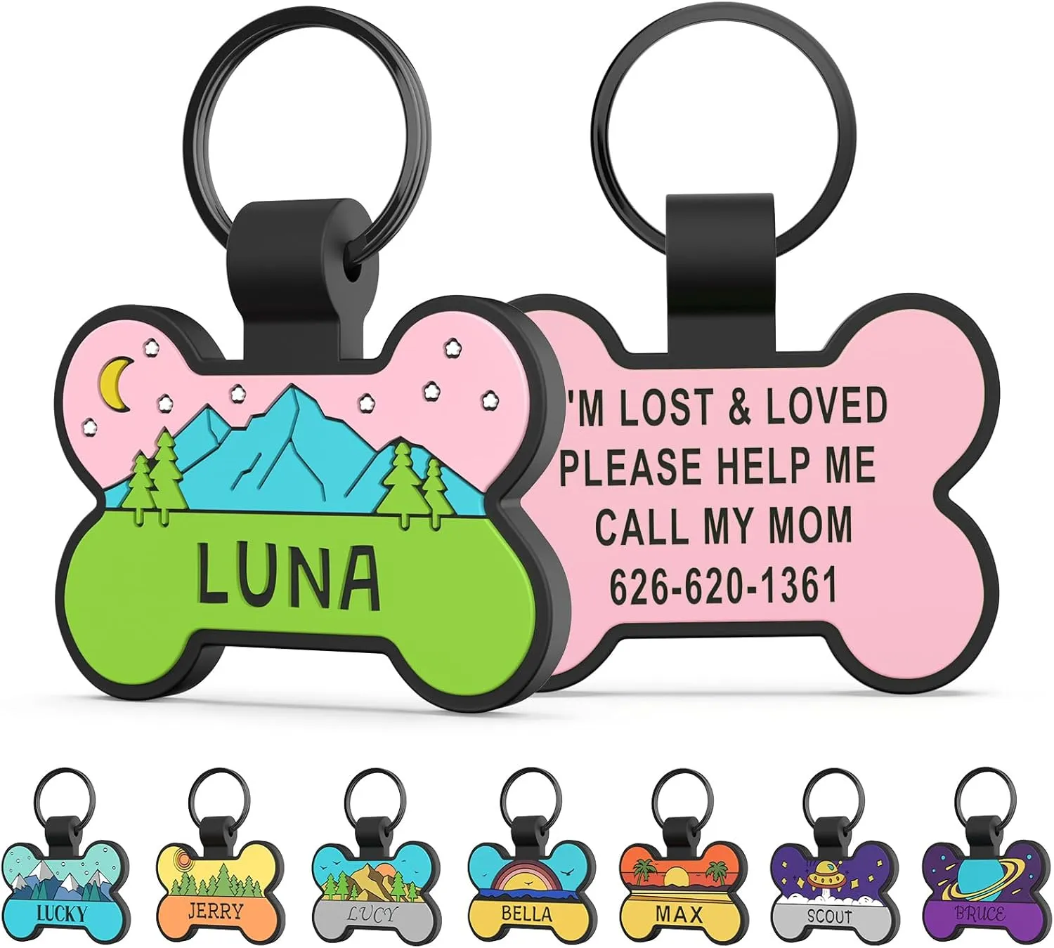 Personalized Silent Silicone Dog Tags - Personalized Cute Bone Shape Deep Engraved Pet ID Tags (Purple Space)