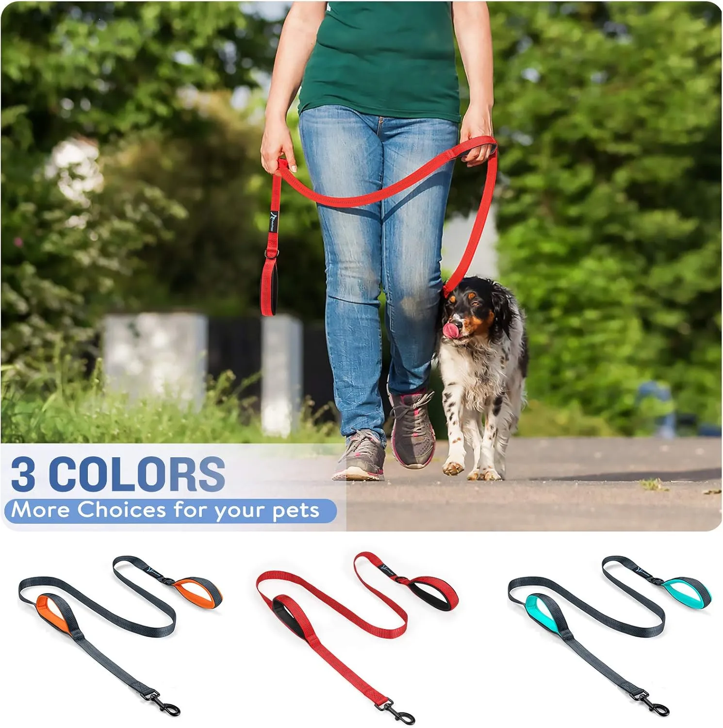 PuppyDoggy Dog Leash for Large Medium Dogs 6Ft x 1" Reflective Stitching Large Pet Leash with 2 Traffic Padded Handles Dog Lead Rope for Running Walking Training (Green 1 Pack)