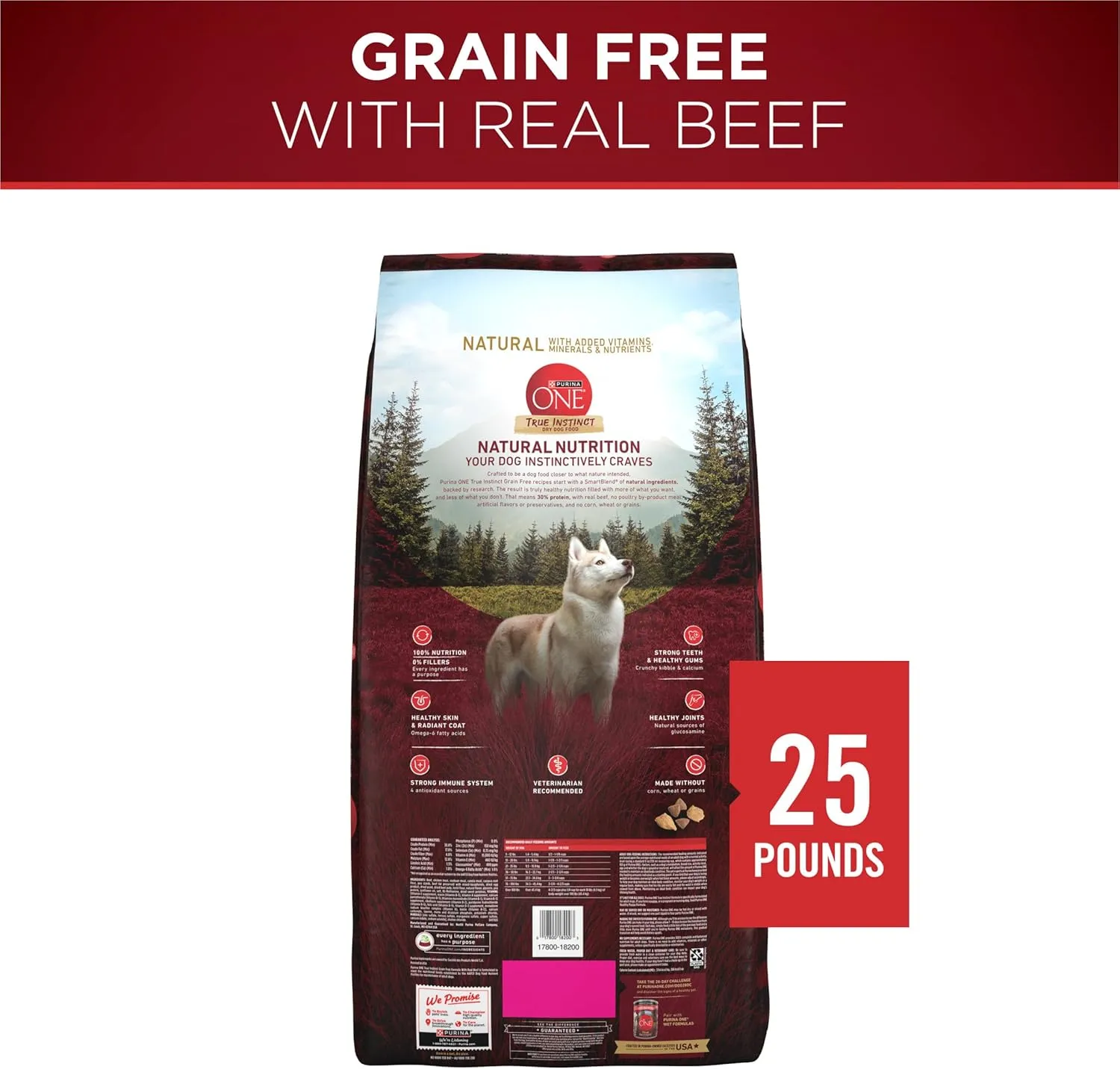 Purina ONE Grain Free Natural High Protein Dry Dog Food Formula True Instinct with Real Beef with Added Vitamins, Minerals and Nutrients - 25 lb. Bag