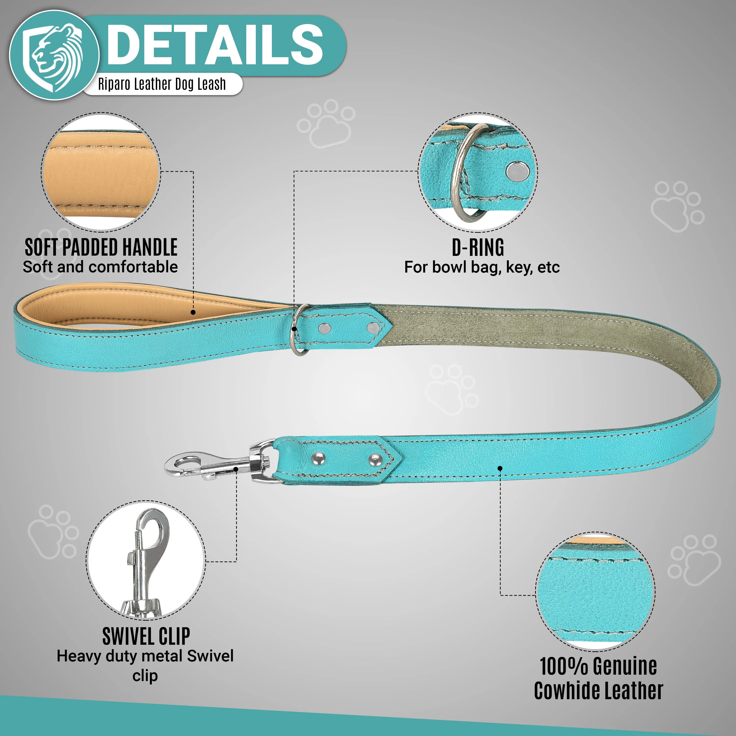 Riparo Heavy Duty Leather Dog Leash with Padded Handle, 3FT Long Dog Lead, 1.25IN Wide Dog Training Walking Leashes for Medium Large Dogs - Aqua