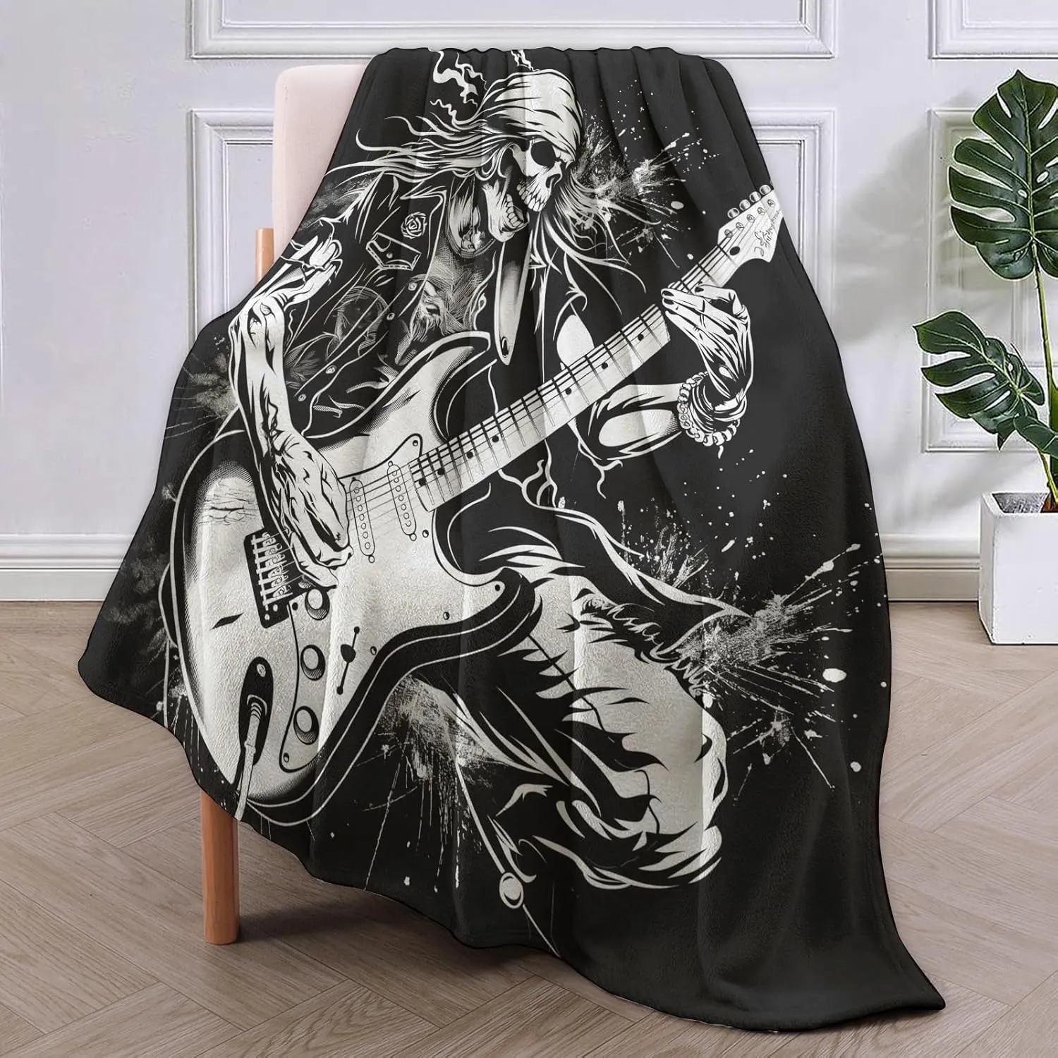 Rock Guitar Skeleton Throw Blanket Gifts, Soft Cozy Fleece Blanket with Edgy Skull and Guitarist Print, Blanket for Couch Bed Sofa, Perfect for Music Lovers and Rock Fans, 50x60 in
