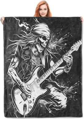 Rock Guitar Skeleton Throw Blanket Gifts, Soft Cozy Fleece Blanket with Edgy Skull and Guitarist Print, Blanket for Couch Bed Sofa, Perfect for Music Lovers and Rock Fans, 50x60 in