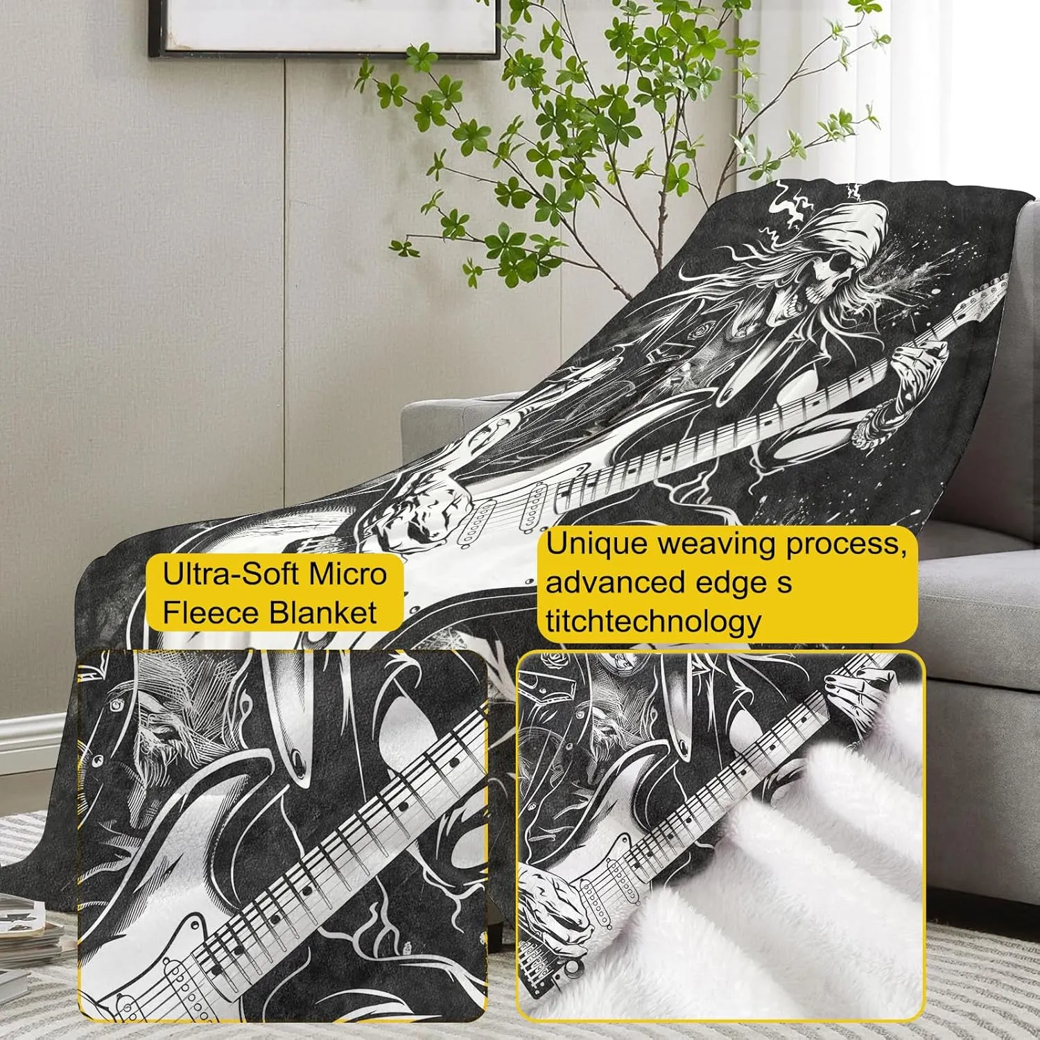 Rock Guitar Skeleton Throw Blanket Gifts, Soft Cozy Fleece Blanket with Edgy Skull and Guitarist Print, Blanket for Couch Bed Sofa, Perfect for Music Lovers and Rock Fans, 50x60 in