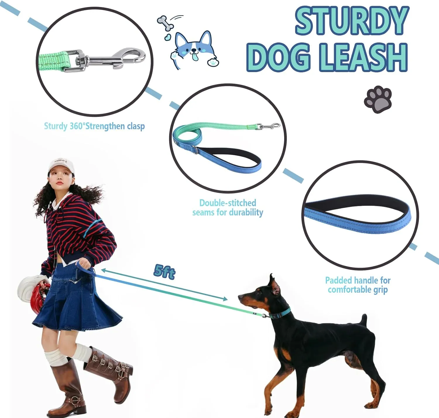 Roses&Poetry Bluegreen Medium Dog Collar and Leash Set, Puppy Reflective Leashes with Collars, Adjustable Durable Matching Collar Leash for Medium Dogs Girl (Bluegreen-M)