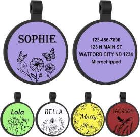 Silicone Dog Tags - GISUERY Silent Dog Tag - No More Jingling and Waterproof - Personalized Indoor Dog Tag with Double-Sided Engraving - Soundless Puppy Kitten Pet ID Tag (R - Floral)