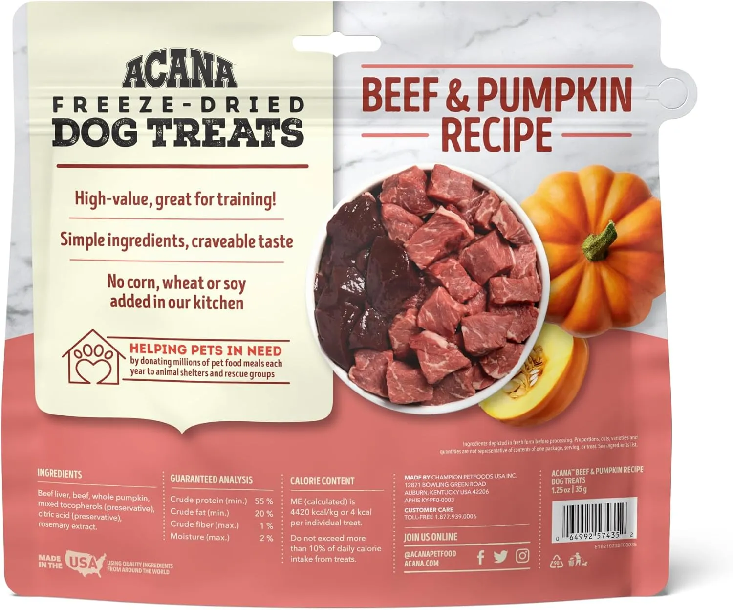 Singles Freeze Dried Dog Treats, Limited Ingredient Grain Free Beef & Pumpkin Recipe, 1.25oz