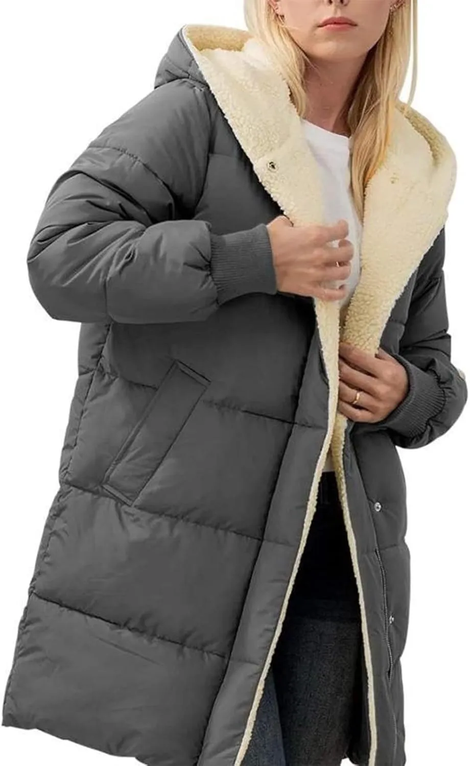 Sinzelimin Women Hooded Parka Jackets Fleece Lined Thickened Down Jacket Winter Hooded Puffy Packable Jacket Warm Puffer Coat