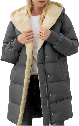 Sinzelimin Women Hooded Parka Jackets Fleece Lined Thickened Down Jacket Winter Hooded Puffy Packable Jacket Warm Puffer Coat
