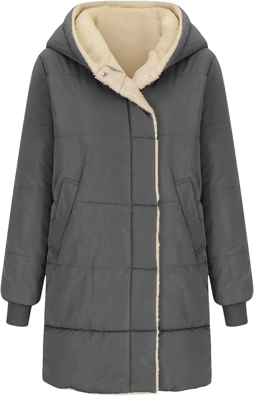 Sinzelimin Women Hooded Parka Jackets Fleece Lined Thickened Down Jacket Winter Hooded Puffy Packable Jacket Warm Puffer Coat