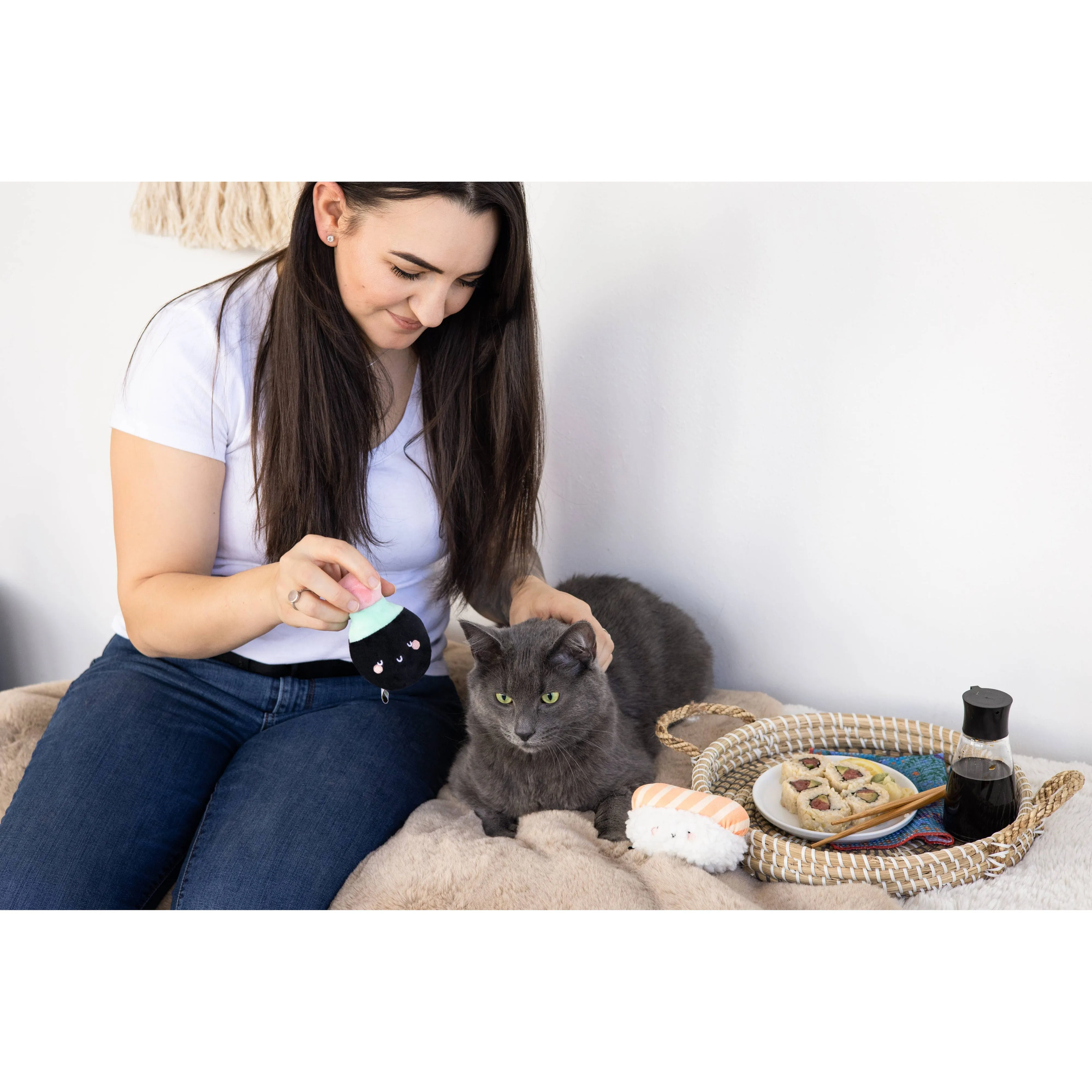 Soy Sauce and Sushi Cat Toy Set | Plush Toys for Pet Lovers | Giftable Cat Stocking Stuffer