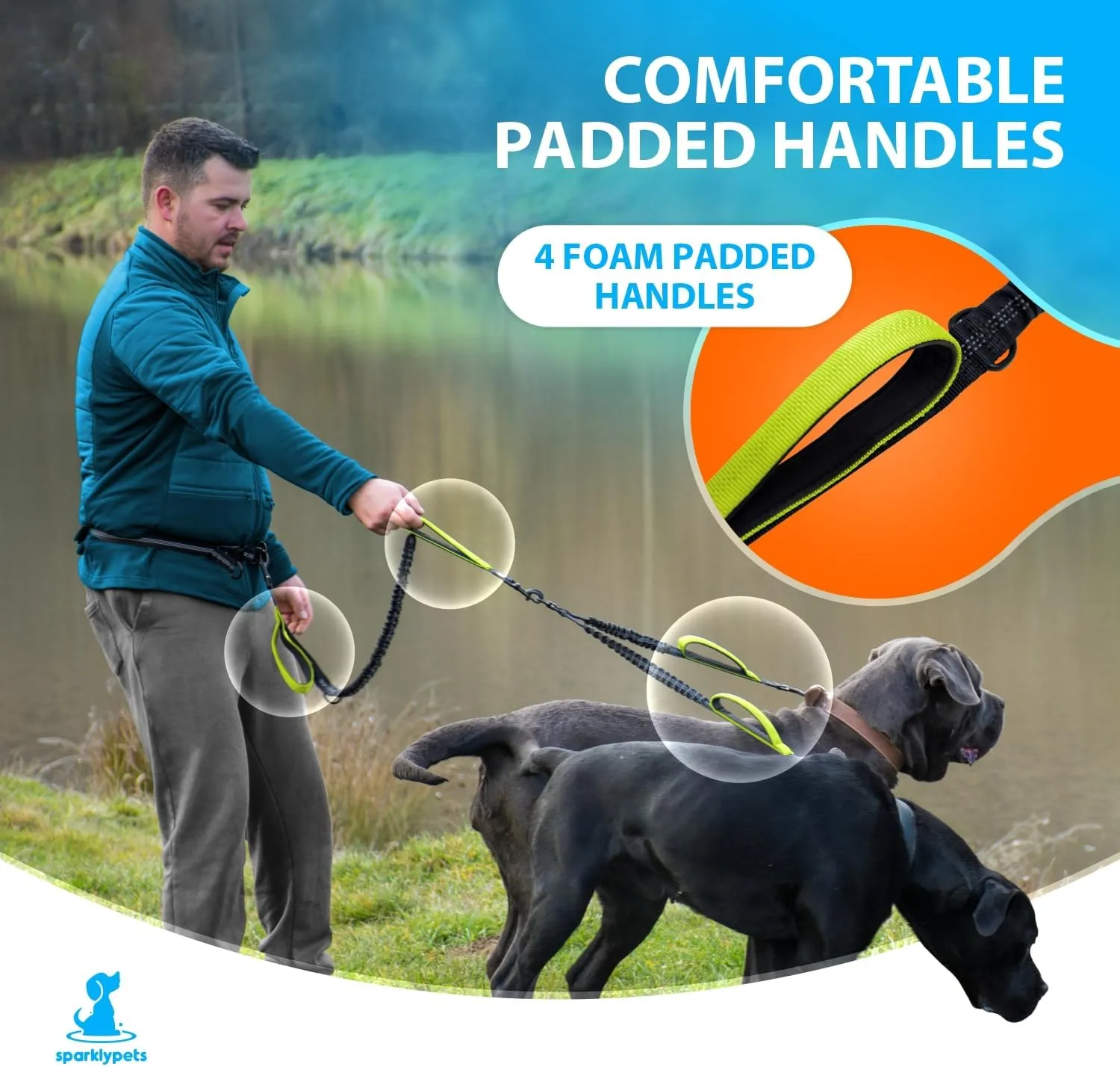 SparklyPets Hands Free Double Dog Leash  Dual Leash for Medium and Large Breeds  Lead for 2 Dogs with Padded Handles, Reflective Stitches, No Pull, Tangle Free