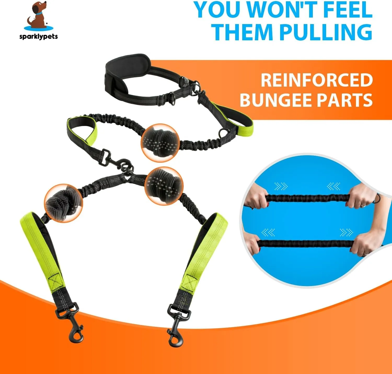 SparklyPets Hands Free Double Dog Leash  Dual Leash for Medium and Large Breeds  Lead for 2 Dogs with Padded Handles, Reflective Stitches, No Pull, Tangle Free