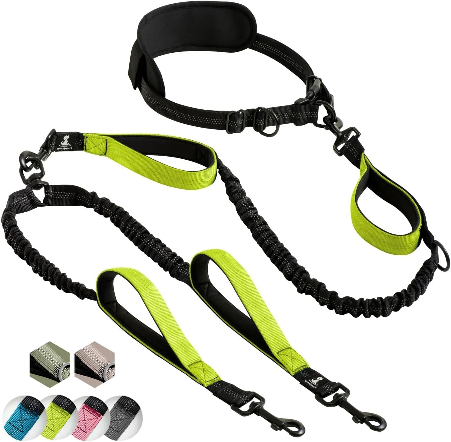 SparklyPets Hands Free Double Dog Leash  Dual Leash for Medium and Large Breeds  Lead for 2 Dogs with Padded Handles, Reflective Stitches, No Pull, Tangle Free