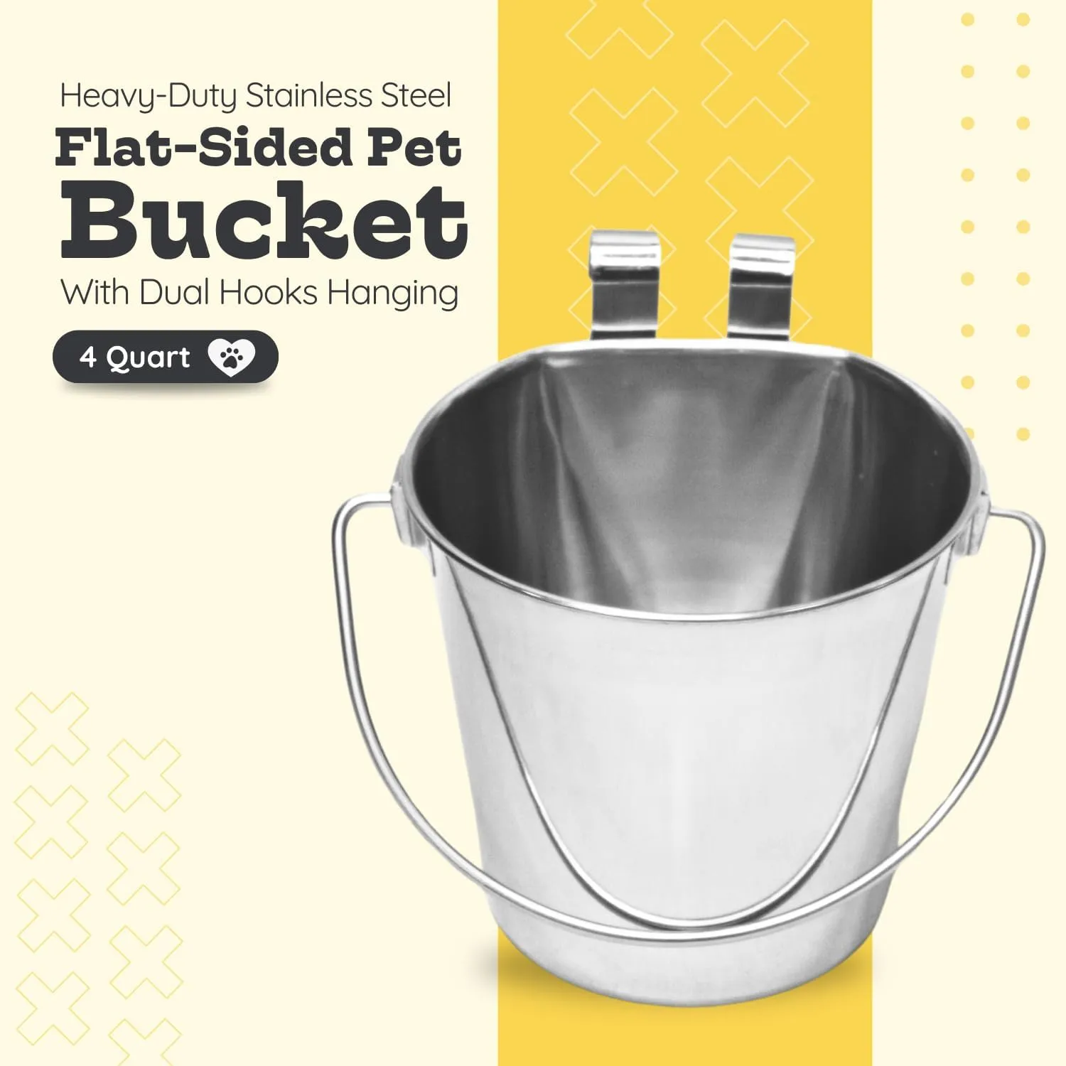 Stainless Steel 4 Qt Flat Back Sided Dog Pails - Dual Hooks Hanging Food & Water Bucket Dogs, Kennels, Cages and Critter Crates - Multi Purpose Pets (4 Quarts)