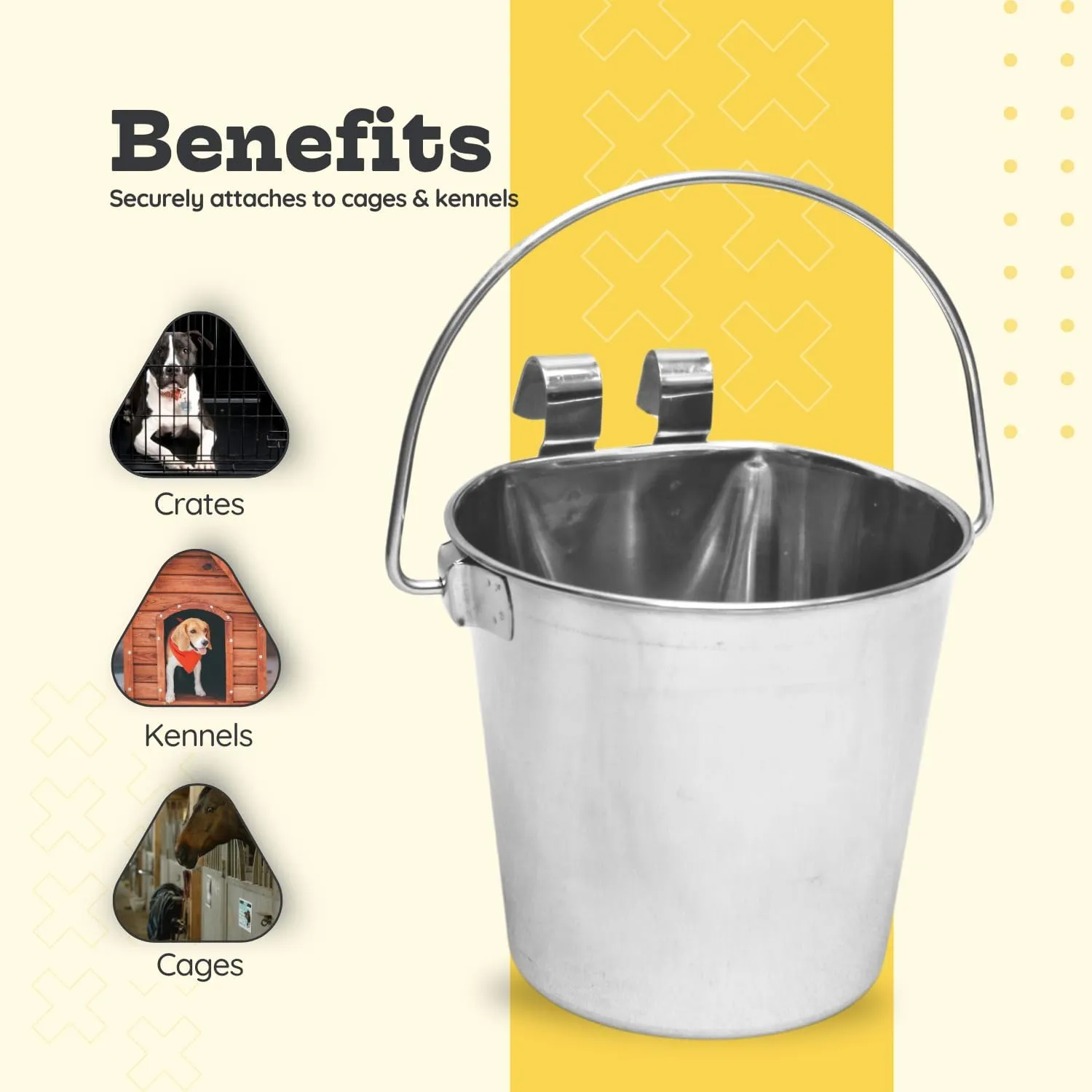 Stainless Steel 4 Qt Flat Back Sided Dog Pails - Dual Hooks Hanging Food & Water Bucket Dogs, Kennels, Cages and Critter Crates - Multi Purpose Pets (4 Quarts)