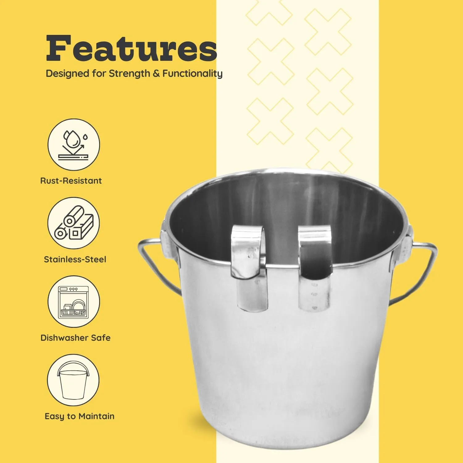 Stainless Steel 4 Qt Flat Back Sided Dog Pails - Dual Hooks Hanging Food & Water Bucket Dogs, Kennels, Cages and Critter Crates - Multi Purpose Pets (4 Quarts)