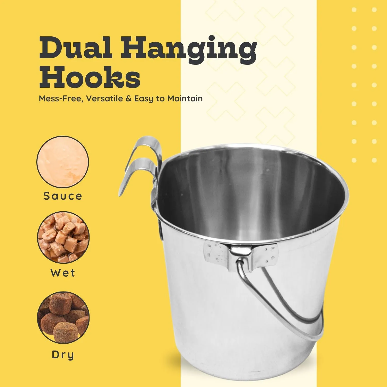 Stainless Steel 4 Qt Flat Back Sided Dog Pails - Dual Hooks Hanging Food & Water Bucket Dogs, Kennels, Cages and Critter Crates - Multi Purpose Pets (4 Quarts)
