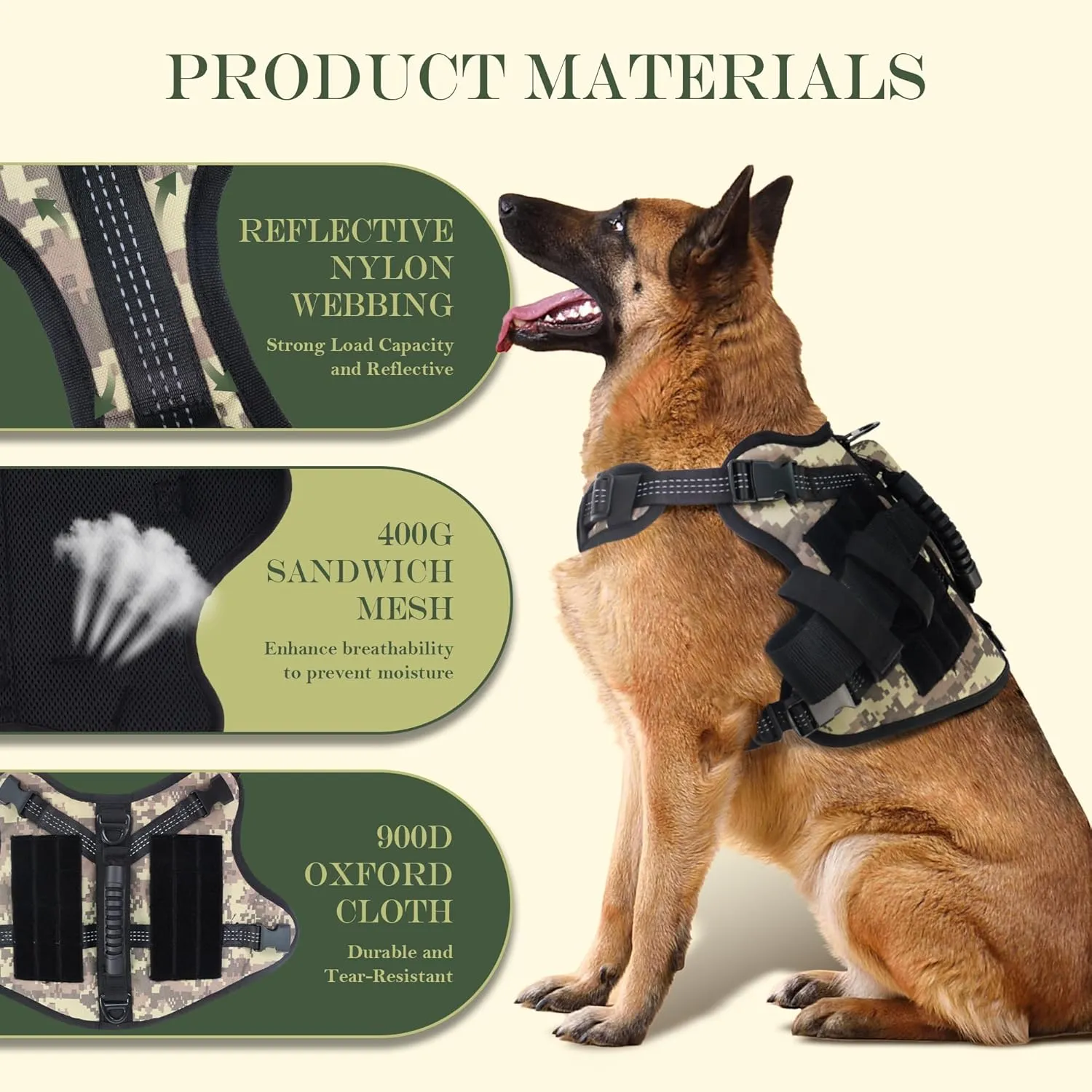 Tactical Dog Harness, Heavy Duty Dog Harness,Adjustable Breathable Pet Harness with MOLLE Panel, Small Pouch, and Bottle Holder,for Small Dogs, Camouflage S