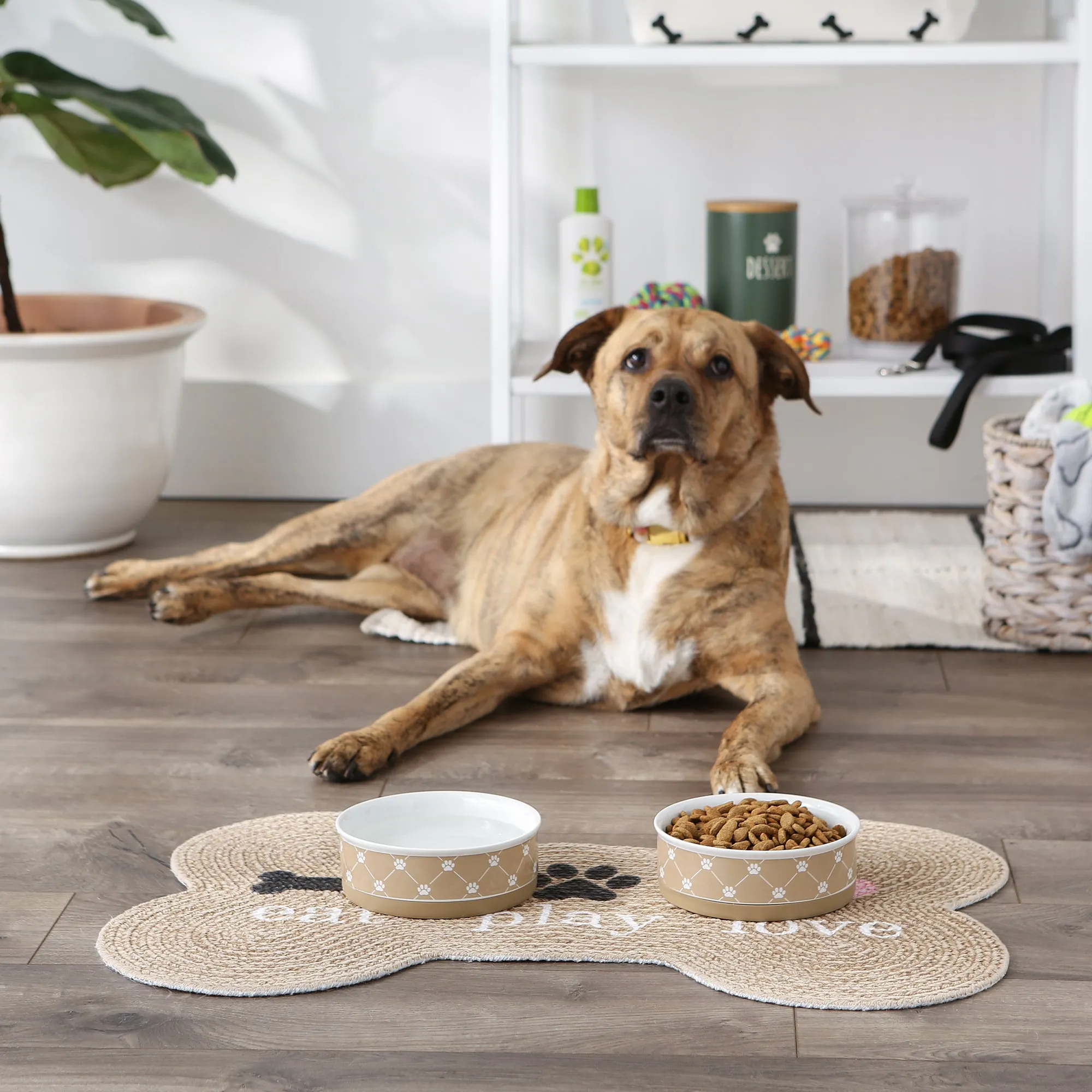 Taupe Trellis Paw Print Pet Bowl Set/2, Medium - 1.5 C. Capacity