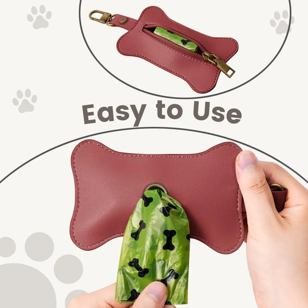 TOGETRUE Leather Dog Poop Bag Holder, Portable Poop Bag Holders for Leashes, Dog Waste Bag Dispenser Zipered Pouch, Dog bag Holder for Walking, Outdoor, Travelling (Wine Red)