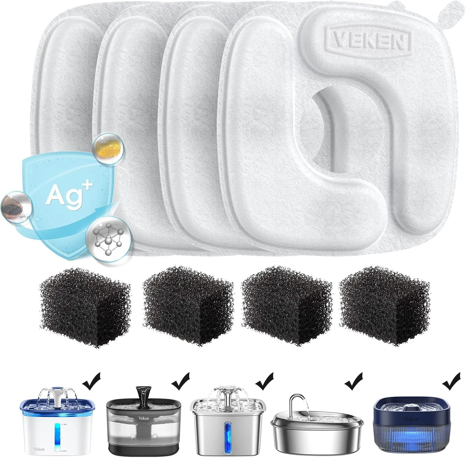 Veken Cat Water Fountain Filters, 4 Pack Replacement Filters & 4 Pack Replacement Pre-Filter Sponges Set for 50oz, 84oz, 95oz Automatic Pet Fountain Dog Water Dispenser