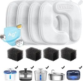 Veken Cat Water Fountain Filters, 4 Pack Replacement Filters & 4 Pack Replacement Pre-Filter Sponges Set for 50oz, 84oz, 95oz Automatic Pet Fountain Dog Water Dispenser