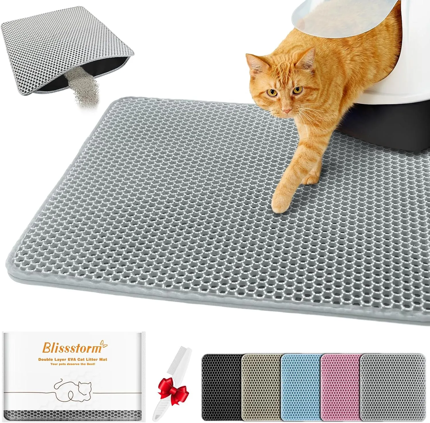 Waterproof Cat Litter Mat, Double Layer EVA, Odor-Free Large Grid, Urine Proof, Easy Cleanup (Gray, 24 x 35)