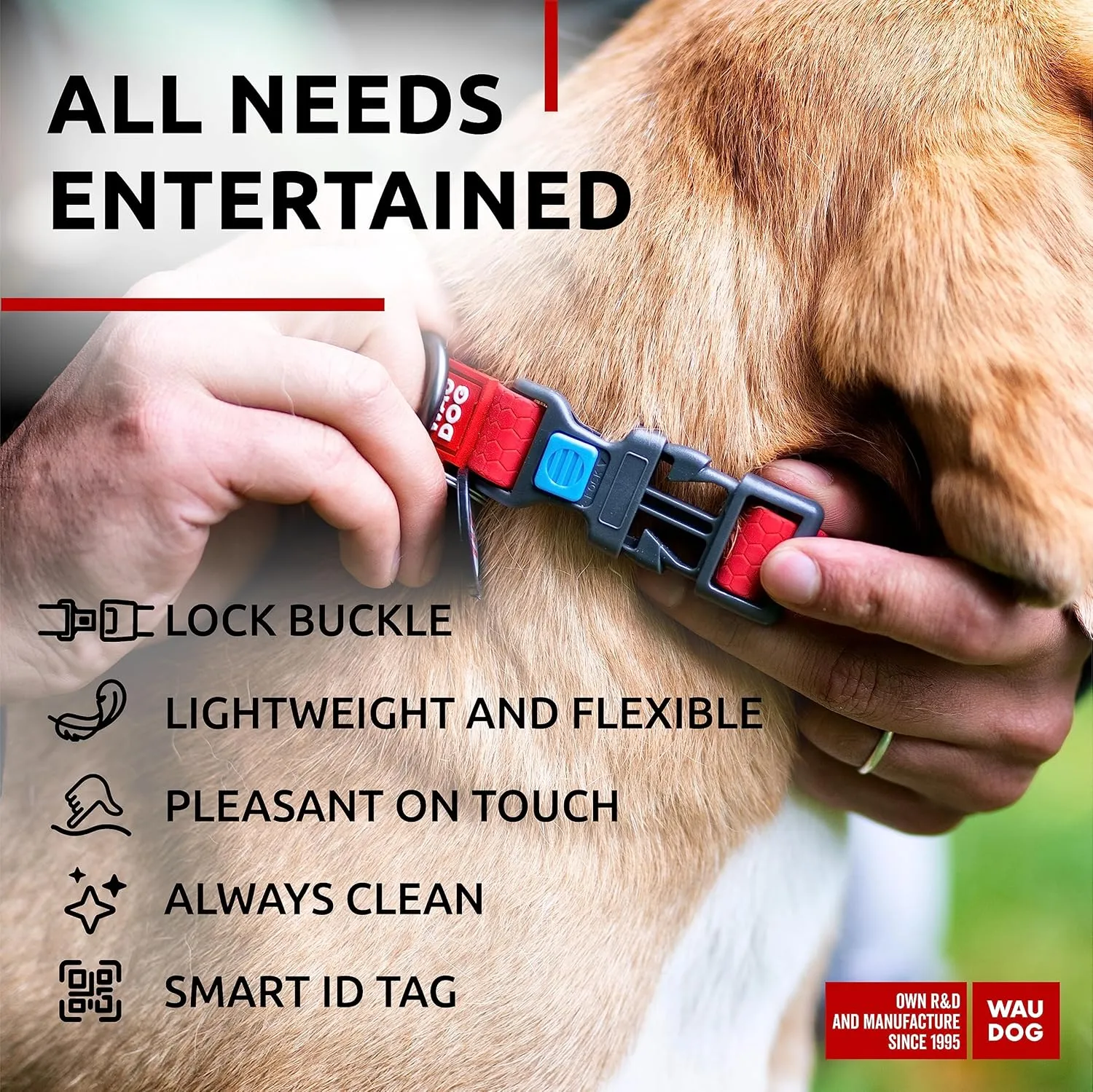 WAUDOG Waterproof Dog Collar - Adjustable Dog Collar for Large Dogs, Small and Medium Dogs - Heavy Duty Dog Collars with Durable Metal Clasp and QR Dog Tag - Boy & Girl Dog Collars