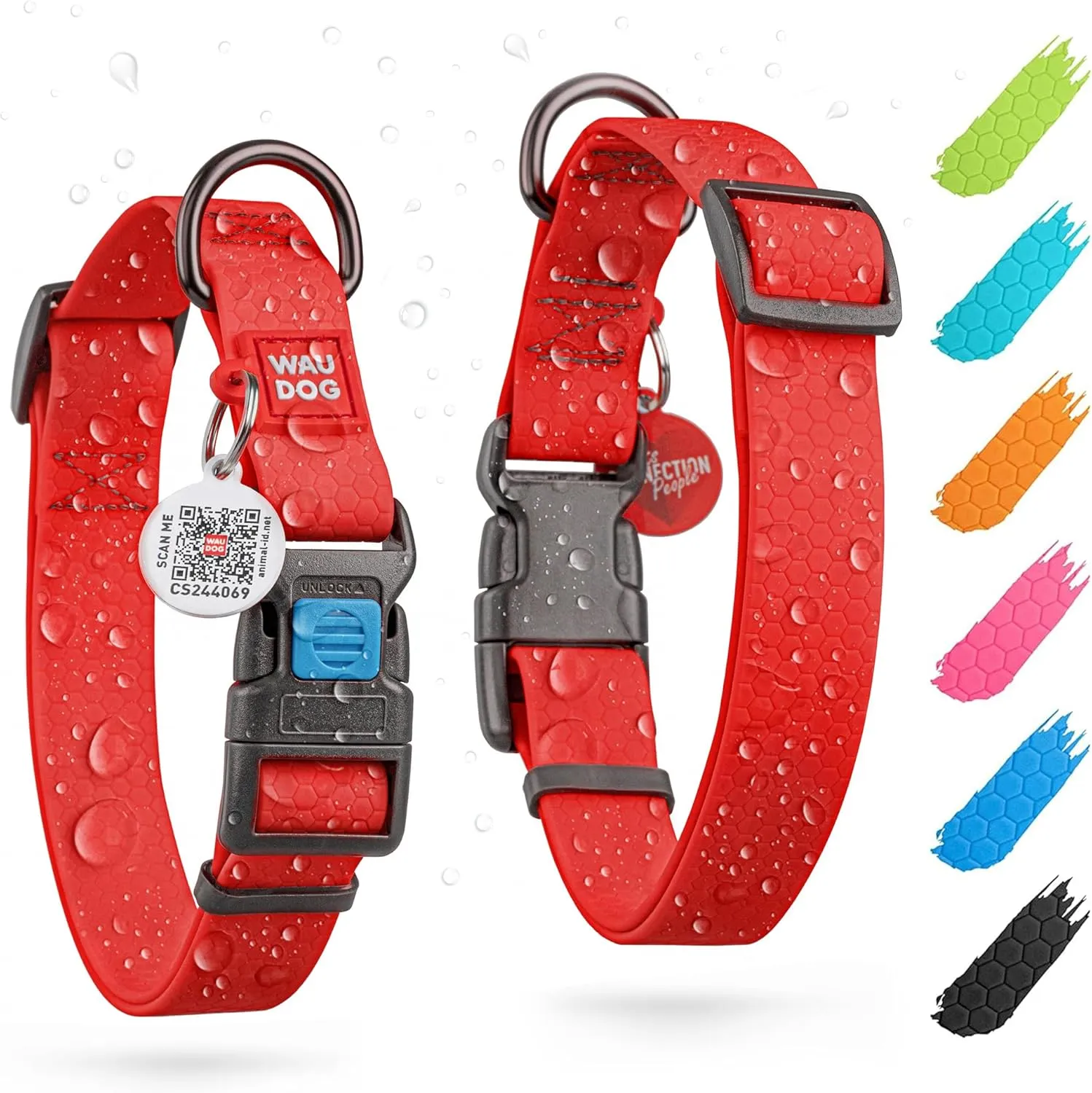 WAUDOG Waterproof Dog Collar - Adjustable Dog Collar for Large Dogs, Small and Medium Dogs - Heavy Duty Dog Collars with Durable Metal Clasp and QR Dog Tag - Boy & Girl Dog Collars