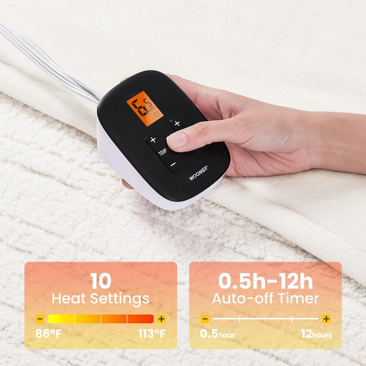 WOOMER [5-Year Warranty] Electric Blanket Twin Size,Durable Flannel and Soft Sherpa,Dual Control,6284 Heated Throw Blanket, 10 Heat Levels&0.5-12h auto-Off,Energy Efficient,ETL Certified