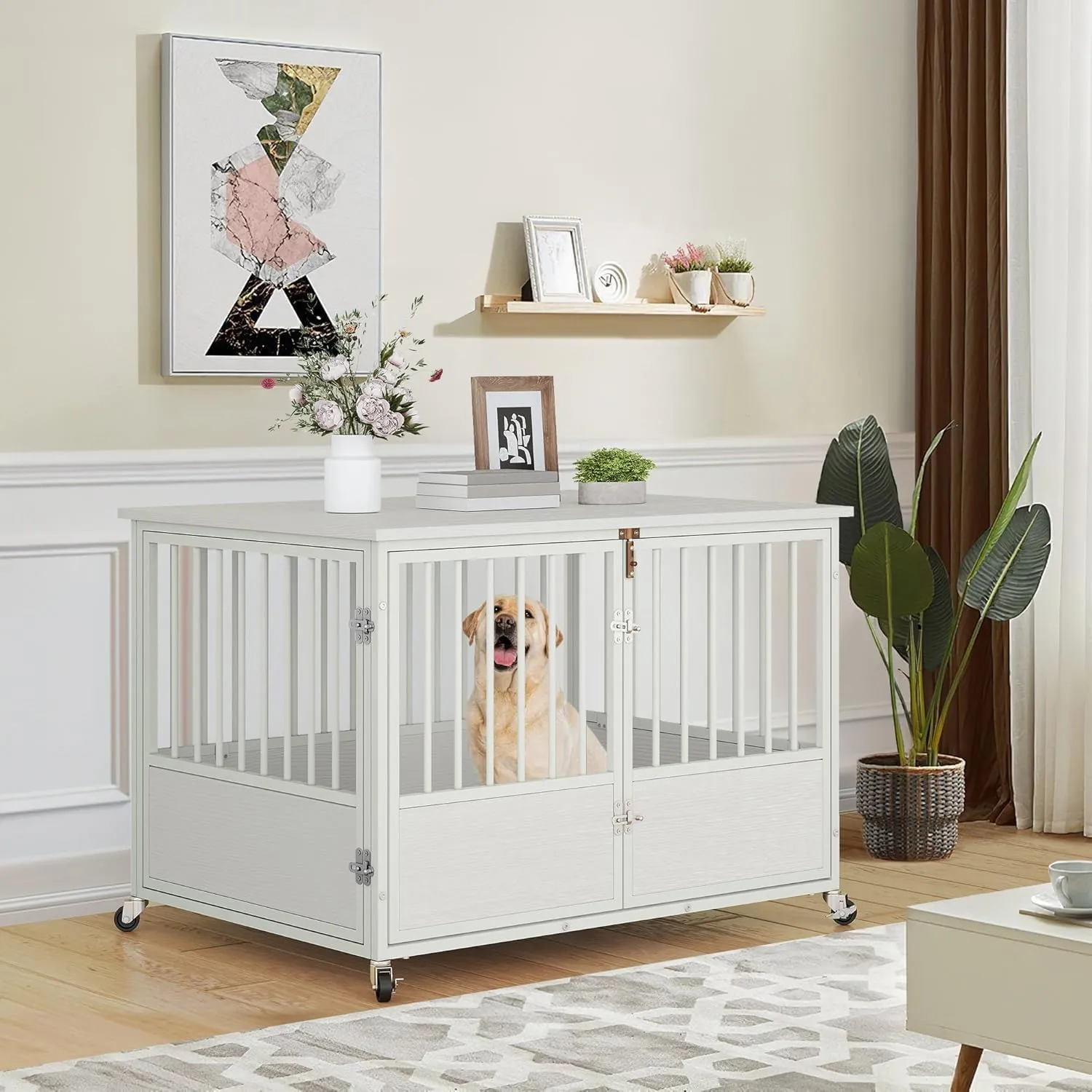 YITAHOME 43" Dog Crate Furniture with Wheels, Heavy Duty Wood Dog Cage Table with Double-Doors Chew-Resistant Wooden Dog Kennel Indoor for Large and Medium Dogs White