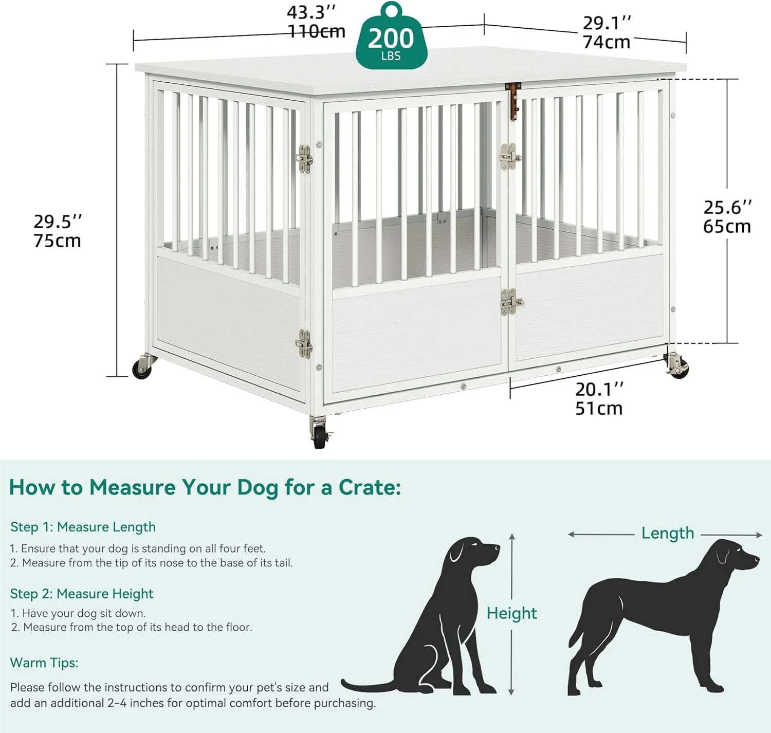 YITAHOME 43" Dog Crate Furniture with Wheels, Heavy Duty Wood Dog Cage Table with Double-Doors Chew-Resistant Wooden Dog Kennel Indoor for Large and Medium Dogs White