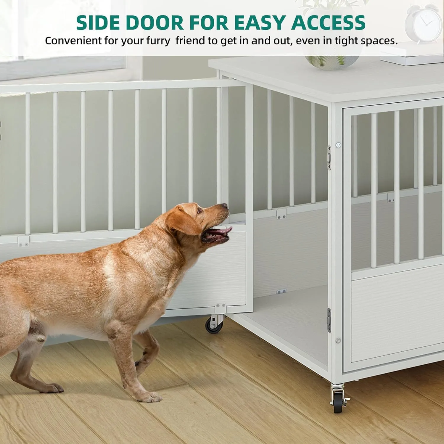YITAHOME 43" Dog Crate Furniture with Wheels, Heavy Duty Wood Dog Cage Table with Double-Doors Chew-Resistant Wooden Dog Kennel Indoor for Large and Medium Dogs White