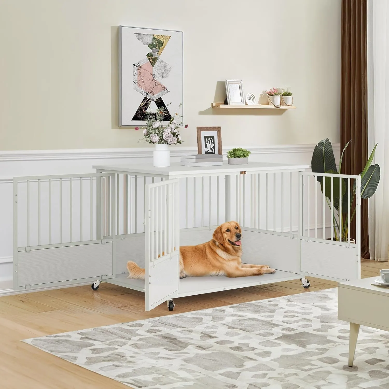YITAHOME 43" Dog Crate Furniture with Wheels, Heavy Duty Wood Dog Cage Table with Double-Doors Chew-Resistant Wooden Dog Kennel Indoor for Large and Medium Dogs White
